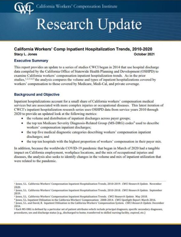 California WC Inpatient Hospitalization Trends, 2010-2020. (Research Update Report, Published 10/21)
