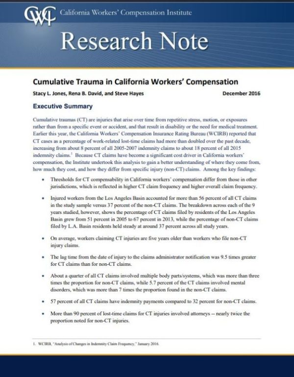 Cumulative Trauma in California WC (Research Note, published 12/16)